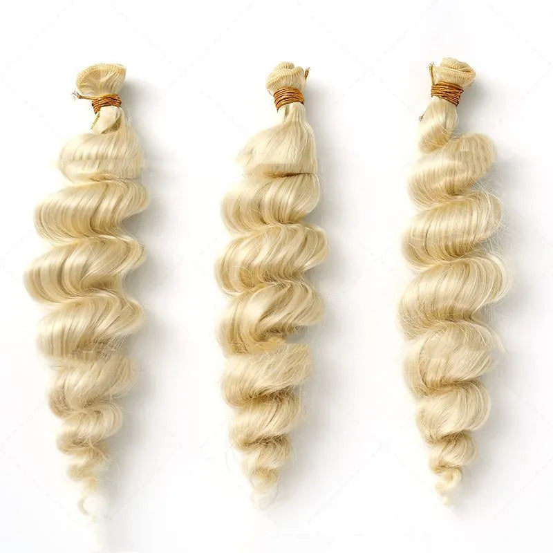 Golden synthetic hair weft wig for women, shown in 18, 20, and 22 inch lengths.
