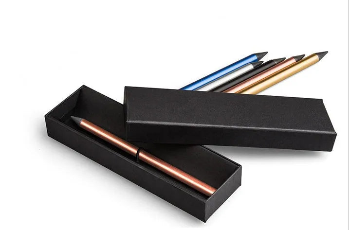 Silver inkless metal pen with 0.5mm alloy nib, spare nib, and pen bag on a table.