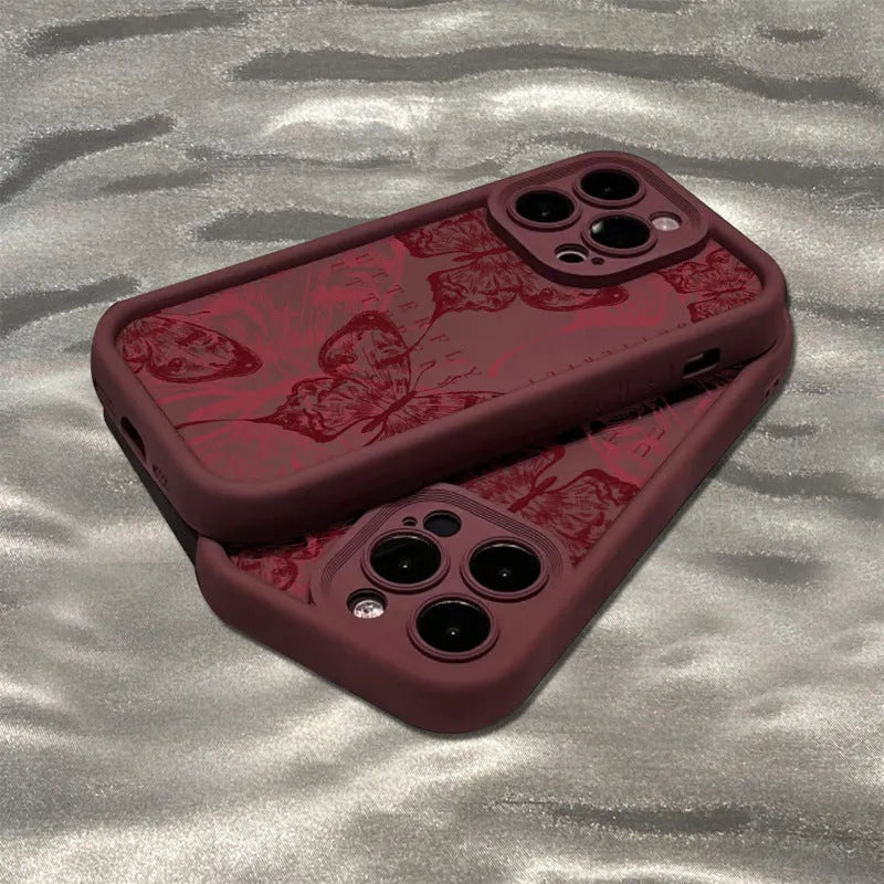 Wine red butterfly print silicone phone case for Apple iPhone with anti-fall protection