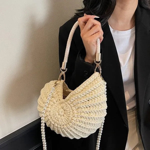 Women's handmade woven cloth bag with double straps and phone compartment in European American retro style