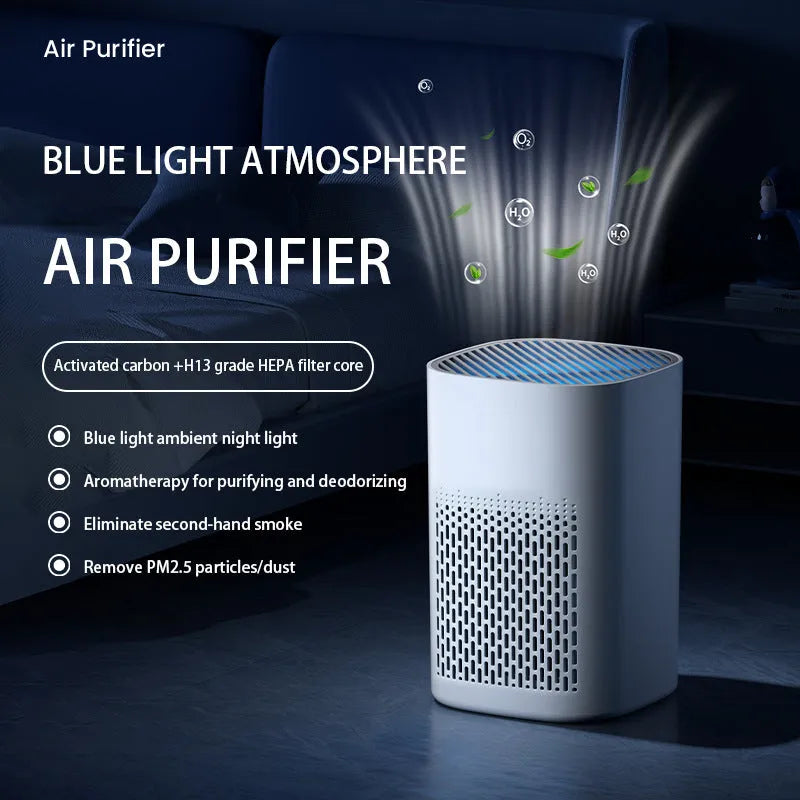 Compact desktop air purifier with USB cable on wooden desk