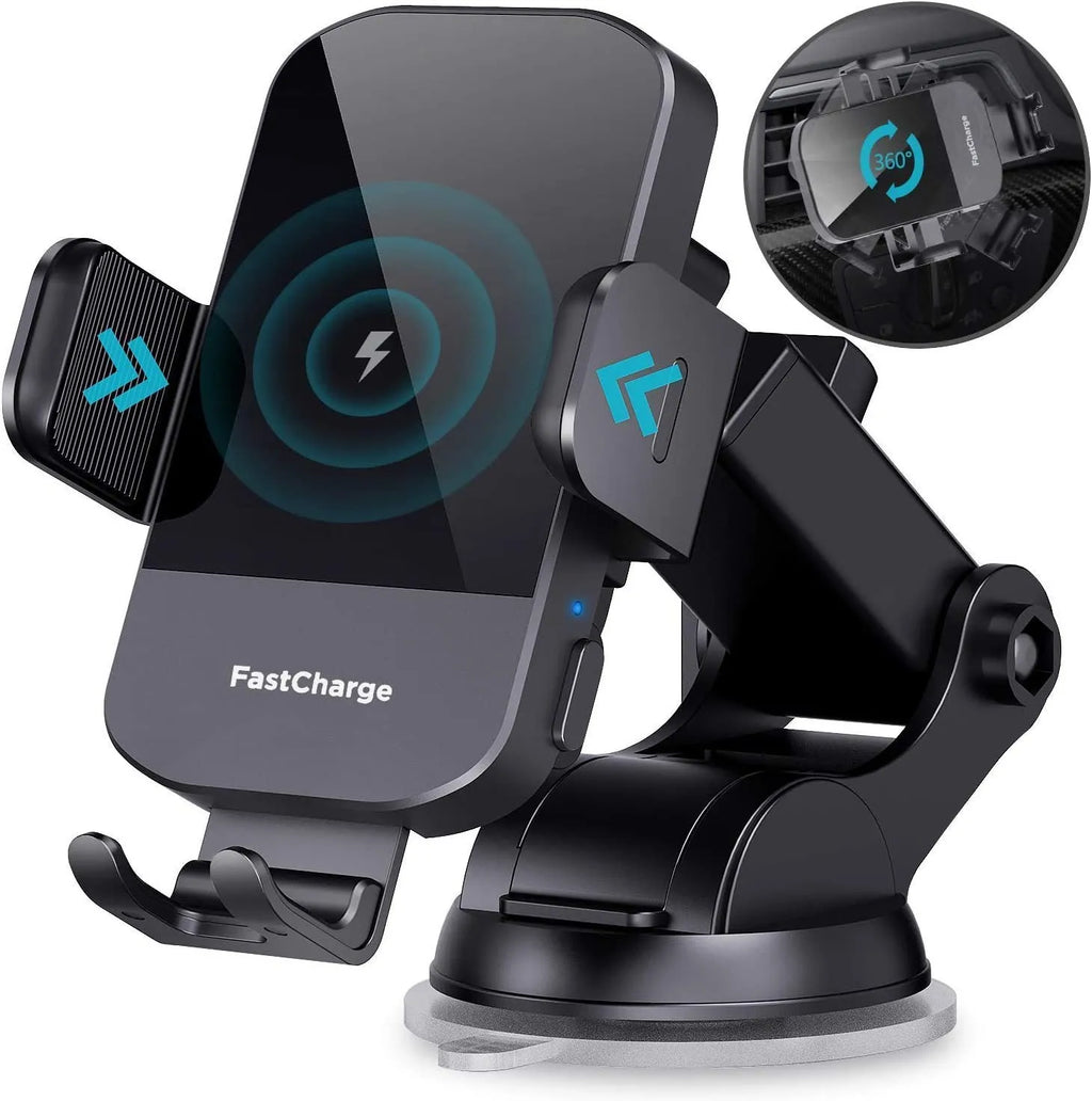 Black 15W fast wireless car charging stand showing air vent clip and dashboard mount options