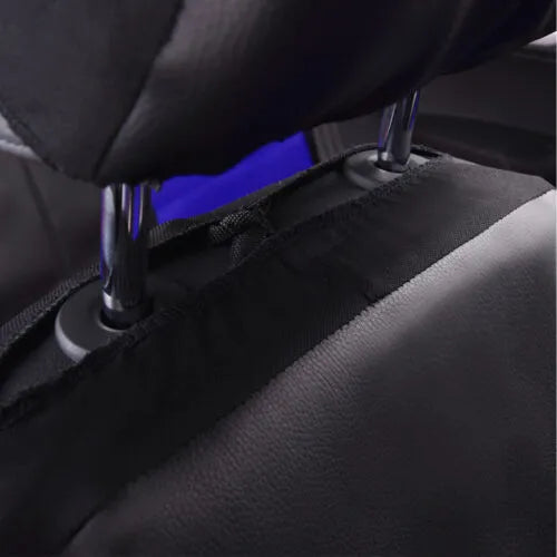 Set of artificial leather car seat covers in various colours showing headrest and seat pieces with hooks.