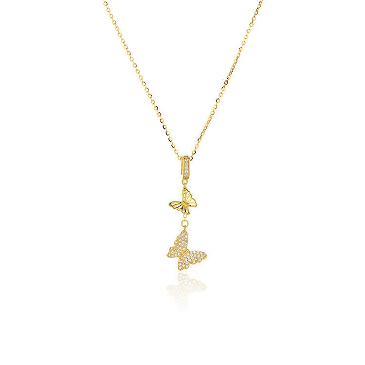 Gold full rhinestone micro-inlaid butterfly tassel necklace on copper pendant with stainless steel O-ring chain