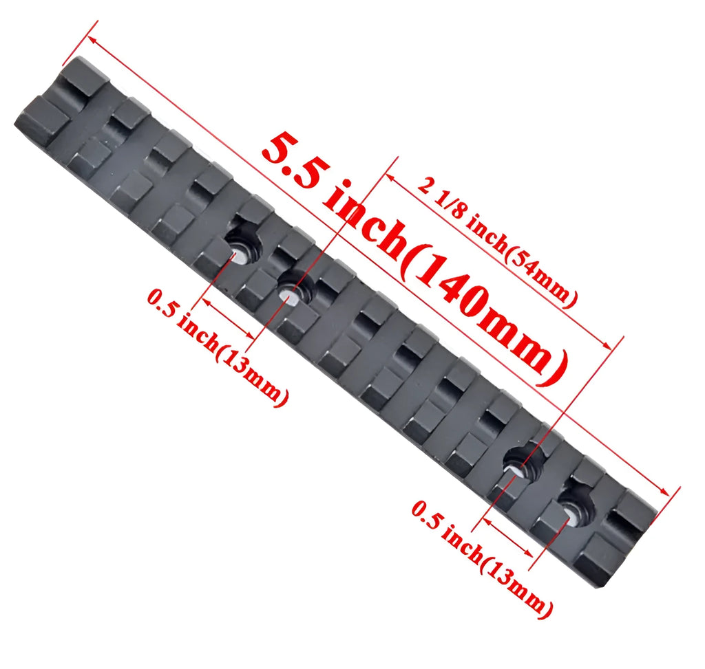 Black aluminium shotgun scope mount with 140mm rail showing 13 adjustment slots and included allen key