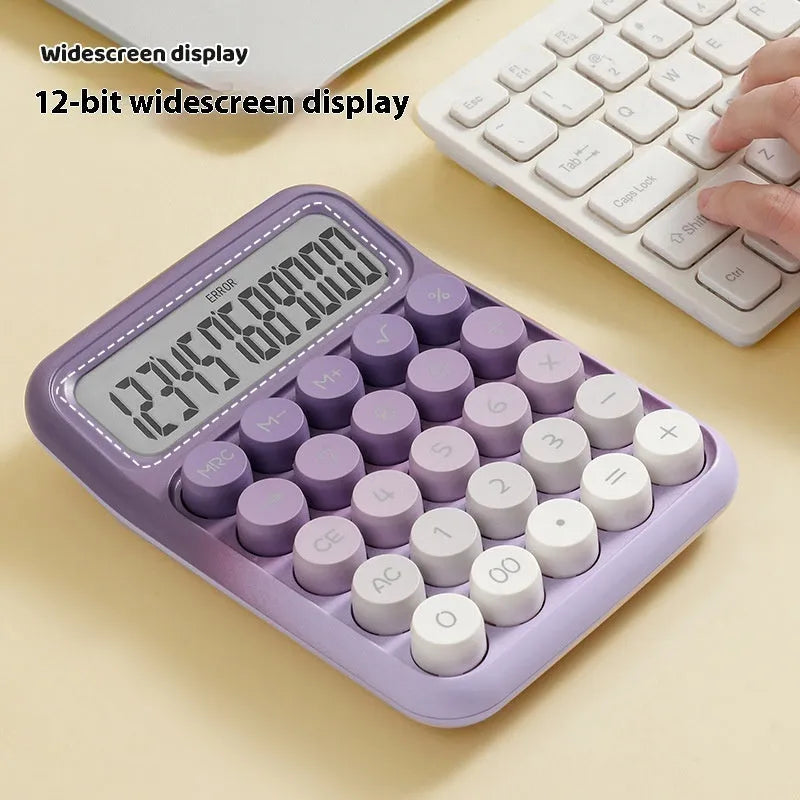 Gradient colour mechanical keyboard calculator with LCD screen on ABS plastic casing.