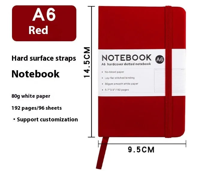A5 soft touch PU leather strap diary open showing lined pages, closed with elastic band, in a choice of colours.
