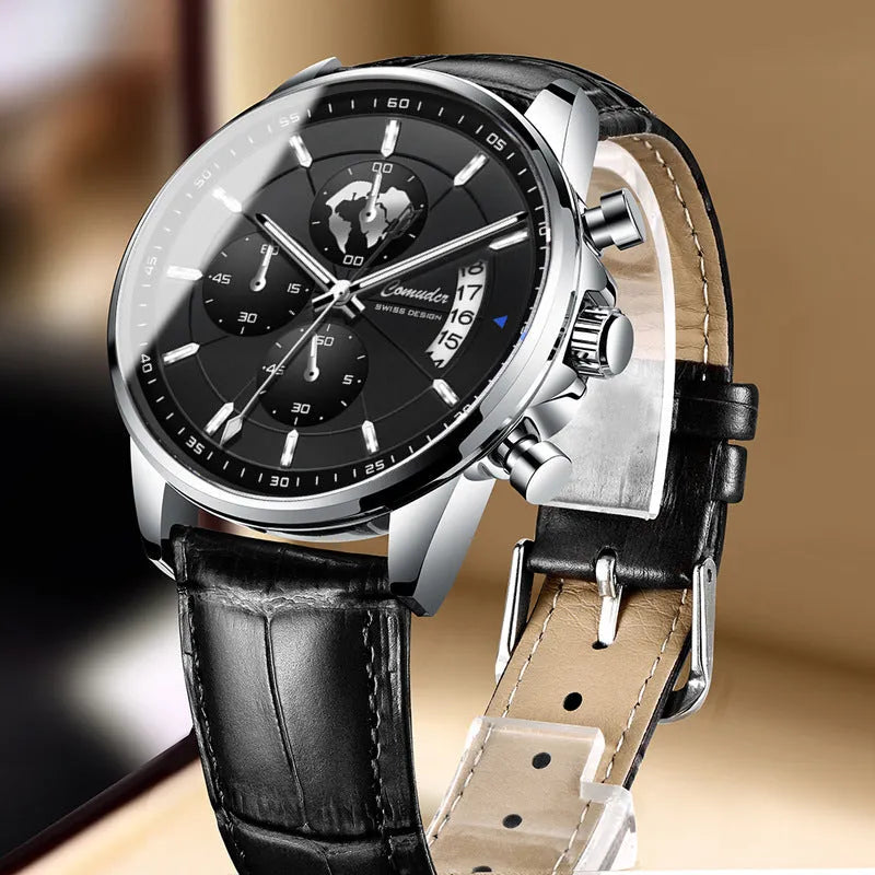 Men's full-automatic waterproof watch with 8mm leather strap, luminous calendar display, silver or rose shell, black or white dial.