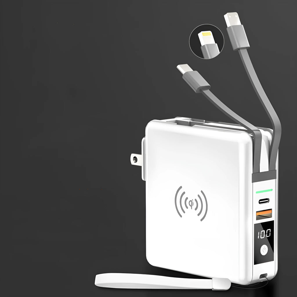 Black and white QI wireless power bank with foldable international plugs and 10000mAh capacity.