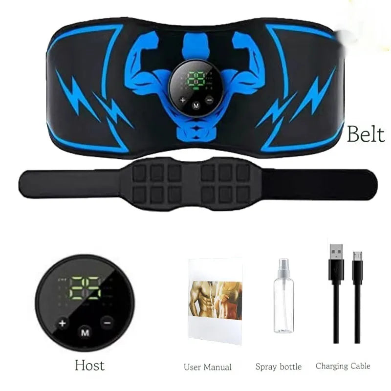Blue EMS abdominal muscle stimulator belt with wireless remote control and rechargeable power source