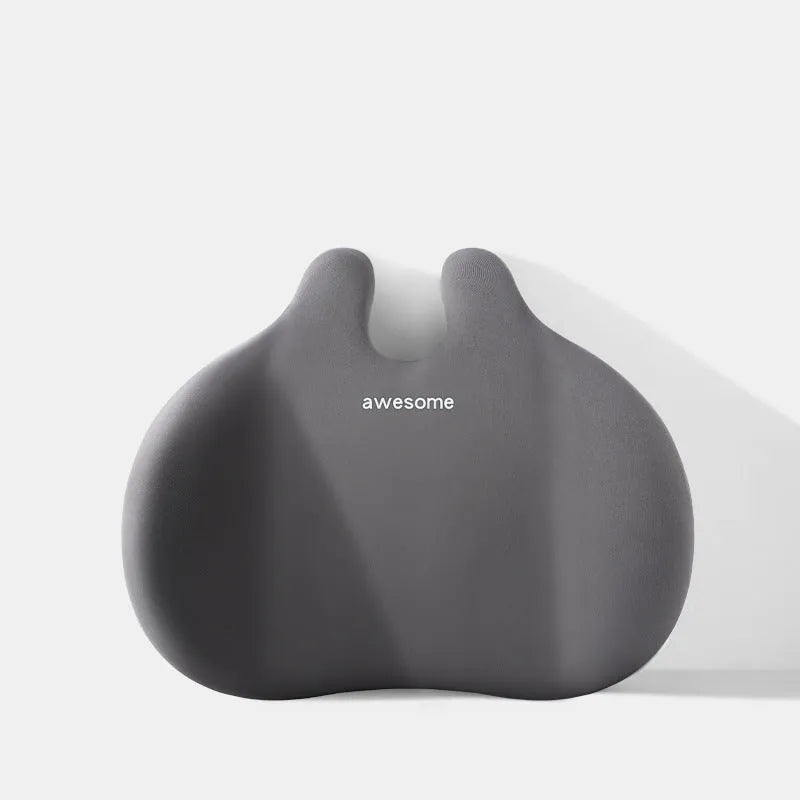 Black car headrest and lumbar support pillow set with cow head design pattern.