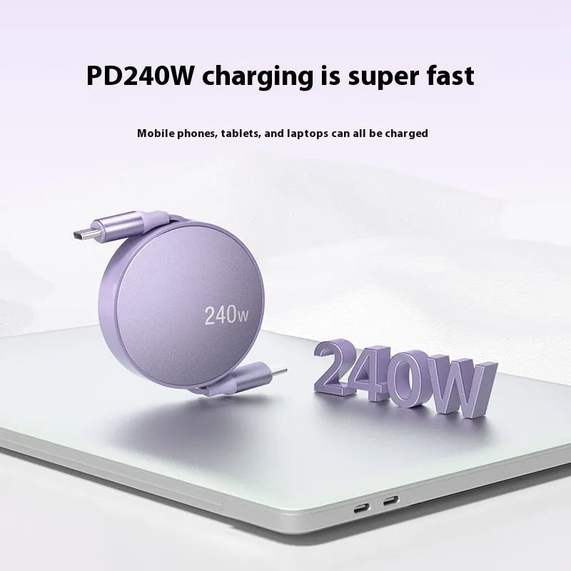 Purple telescopic 240WPD Type-C fast charging data cable with aluminium alloy finish, 1 metre length