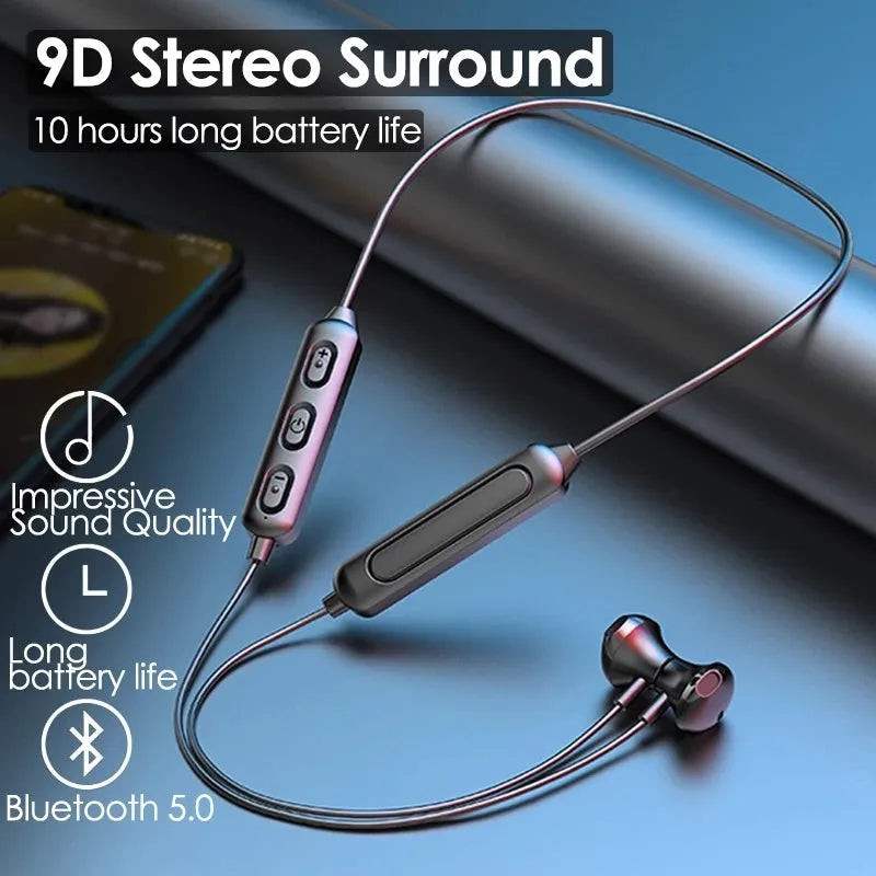 Black wireless neck-mounted sports earphones with Bluetooth 5.0 and custom logo printing option