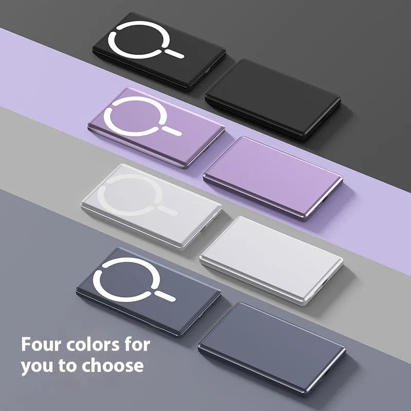 Ultra-thin magnetic power bank with alloy shell showing dark grey, silver, black and violet colour options