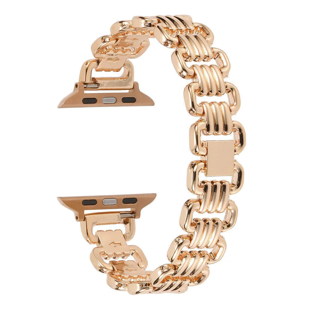 Alloy metal Apple Watch bracelet in silver, black, gold, rose gold, and starlight colours on a grey background.
