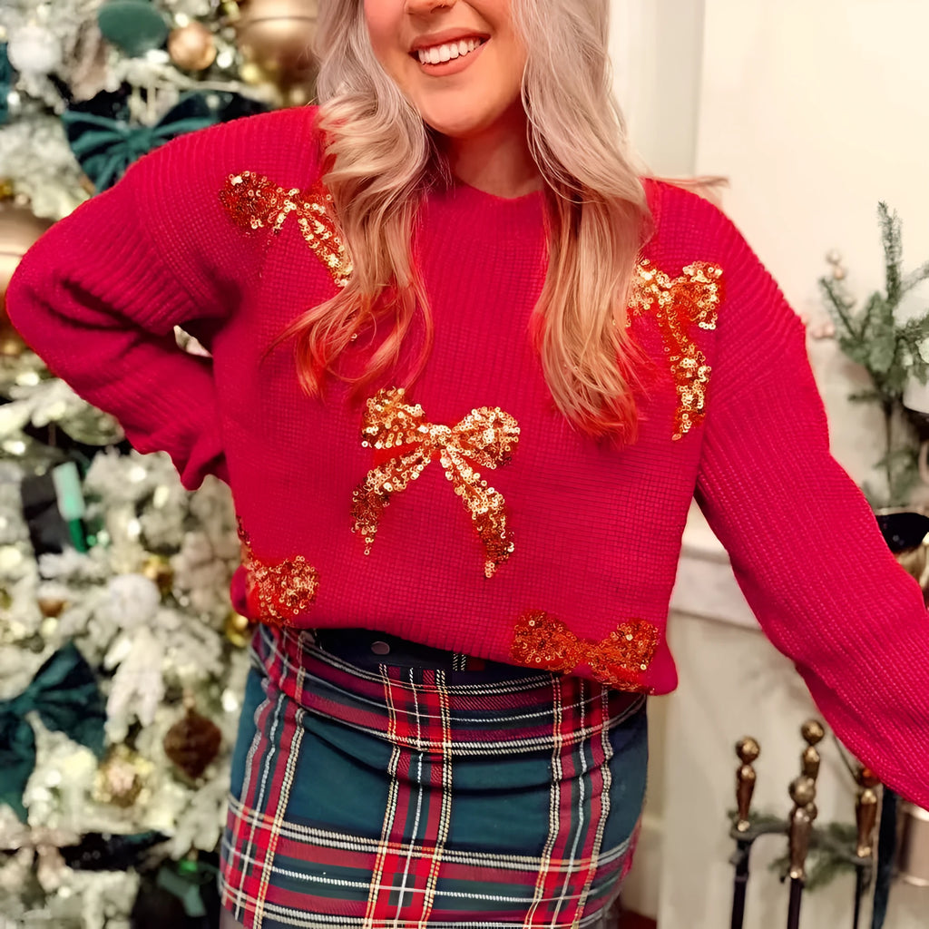 Women's round neck long sleeve sweater with Christmas sequins and embroidery in Fiery Red