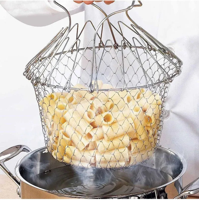 Stainless steel foldable frying basket with square grid design and handle