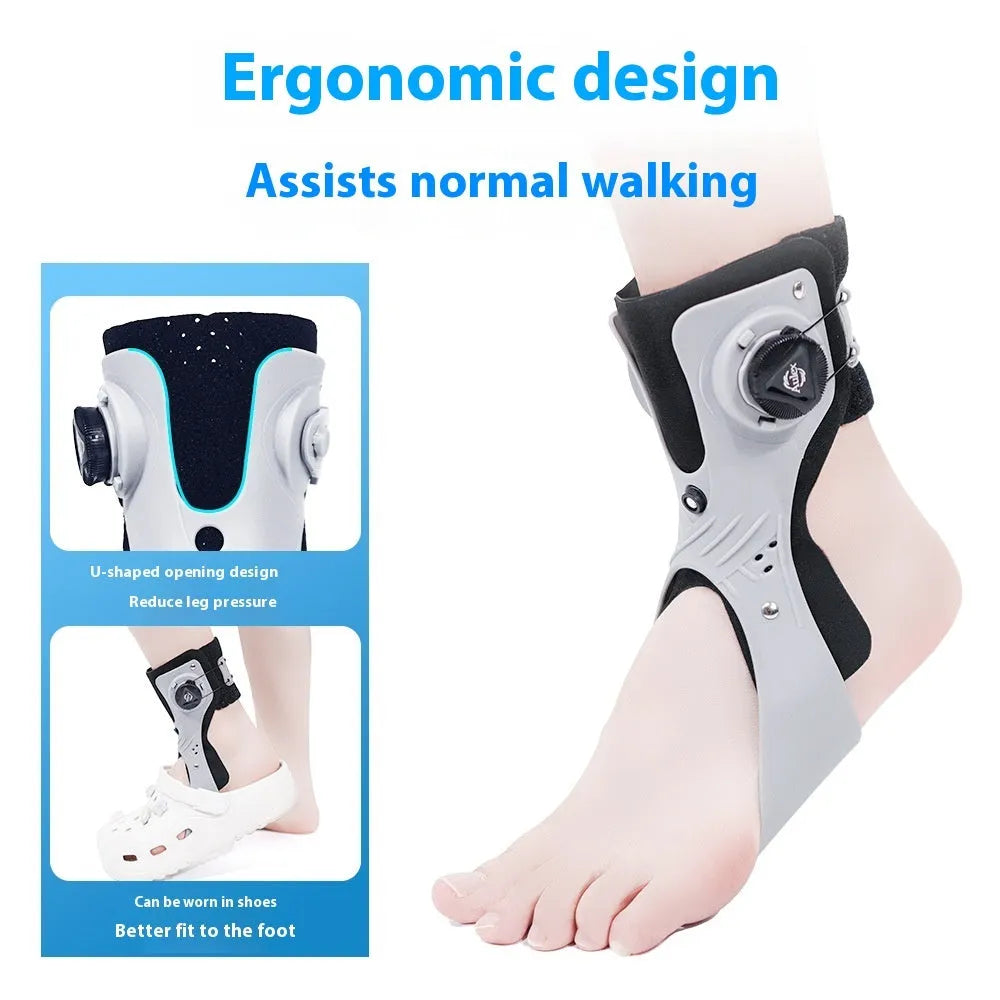 Grey ankle support brace with airbag button mechanism showing left and right size options for foot circumference 31-47 yards