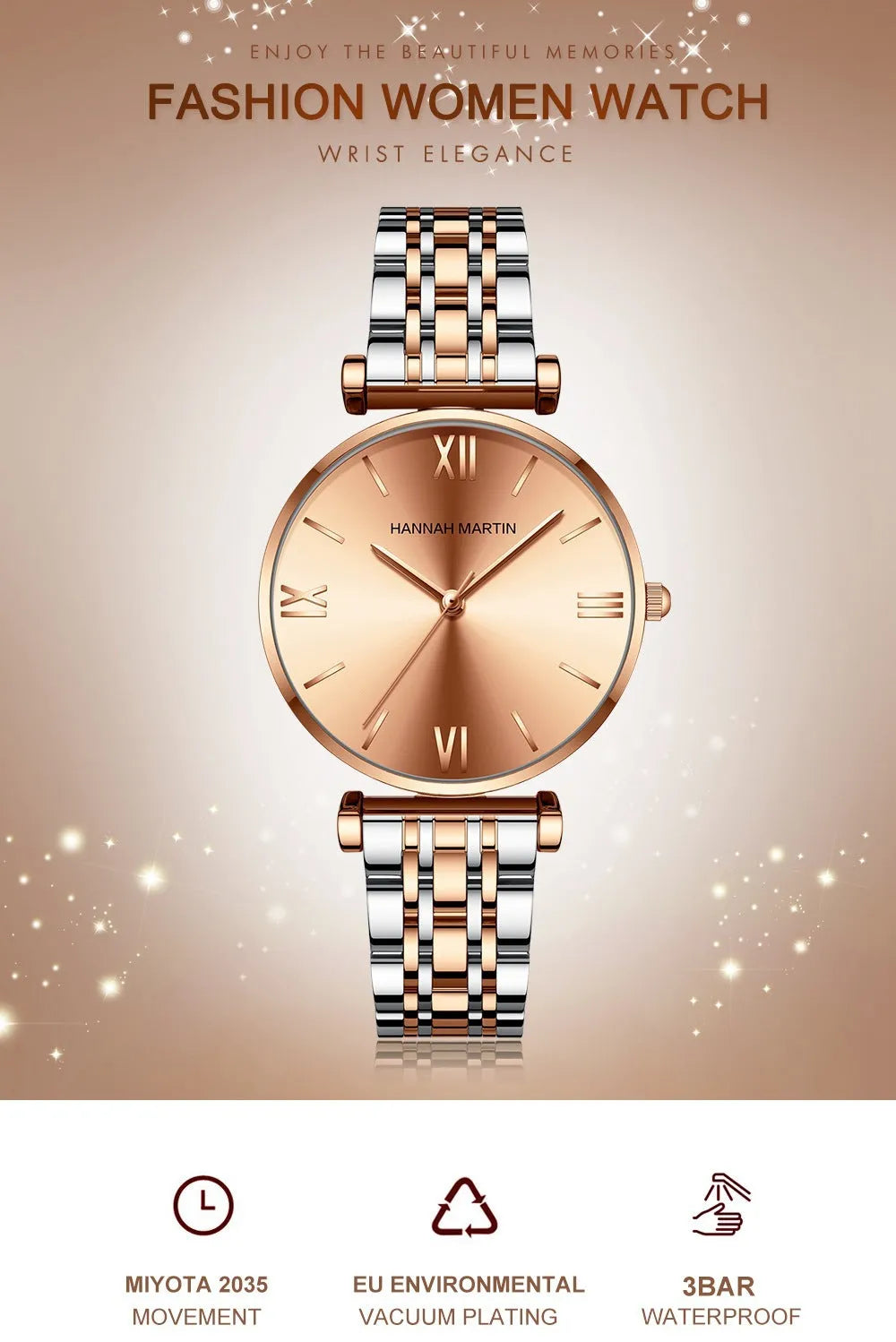 Women's stainless steel band watch, 10mm thick, round dial, business style, rose gold gold or silver finish