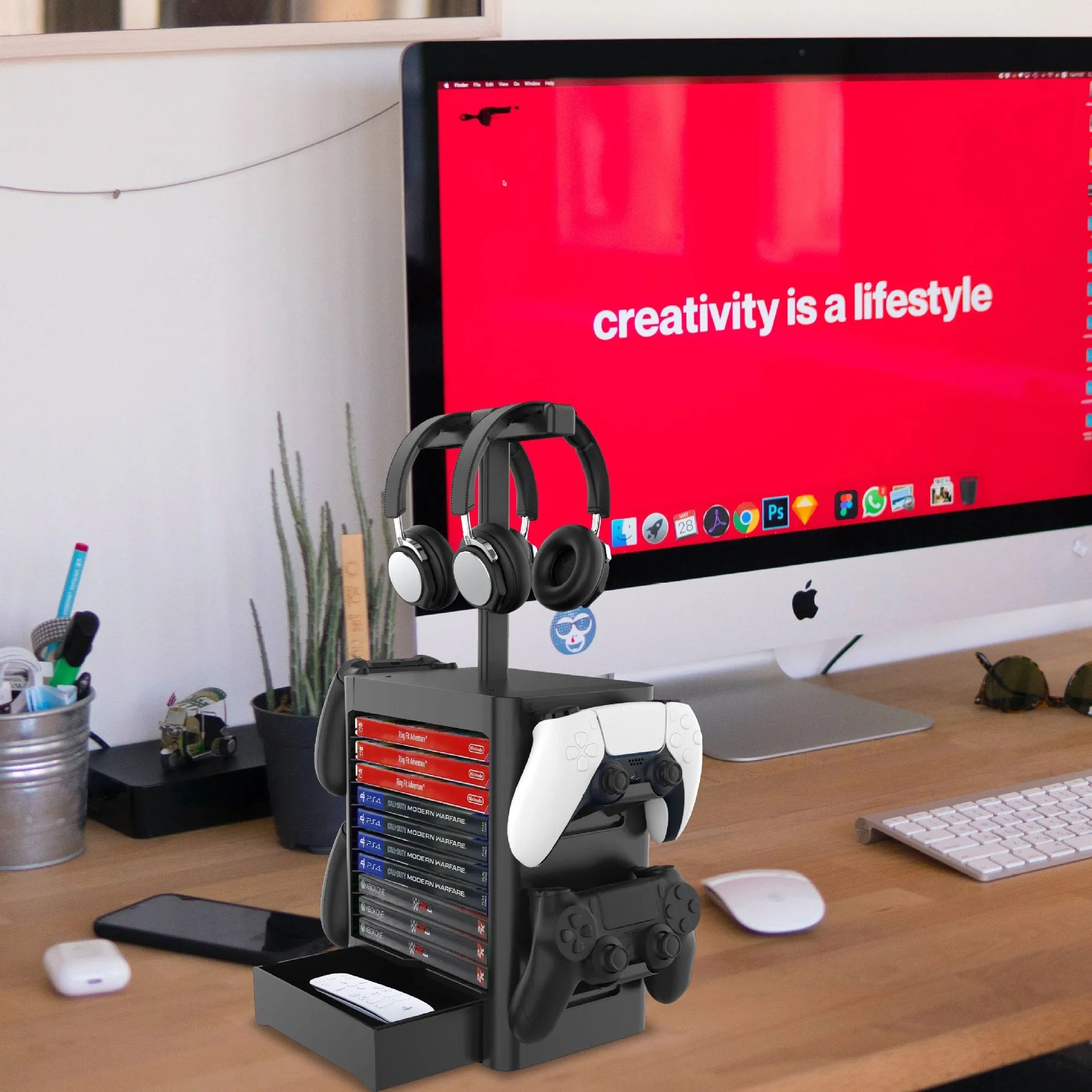 Black ABS plastic game controller and headphone storage rack with side hooks and a drawer.