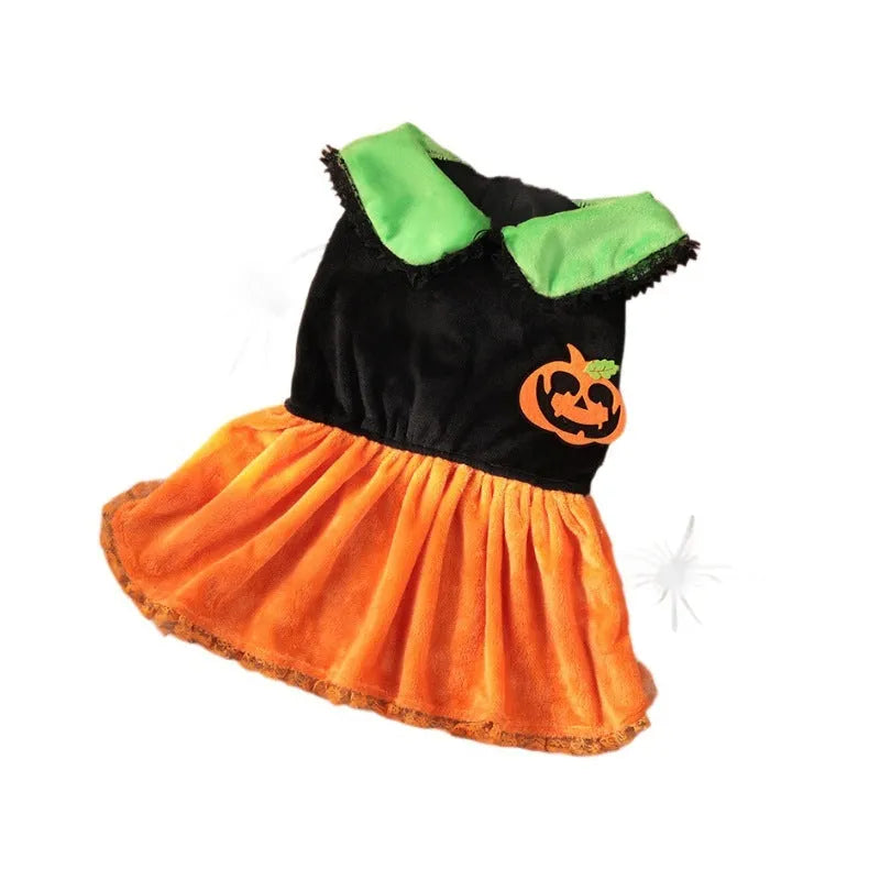 Halloween pumpkin costume skirt for small dogs and cats in crystal velvet fabric