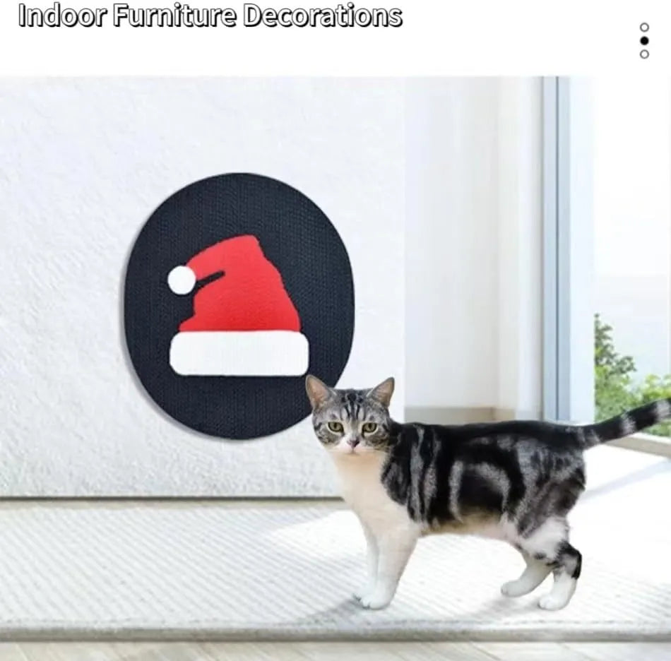 Wall-mounted vertical cat scratch pad made of brown corrugated cardboard on a white wall