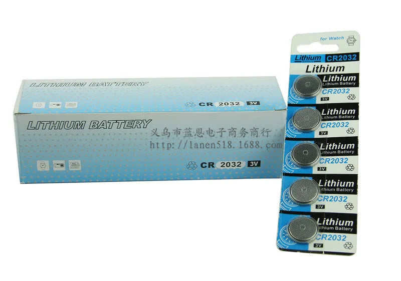 Pack of five CR2032 lithium button batteries on a blister card.