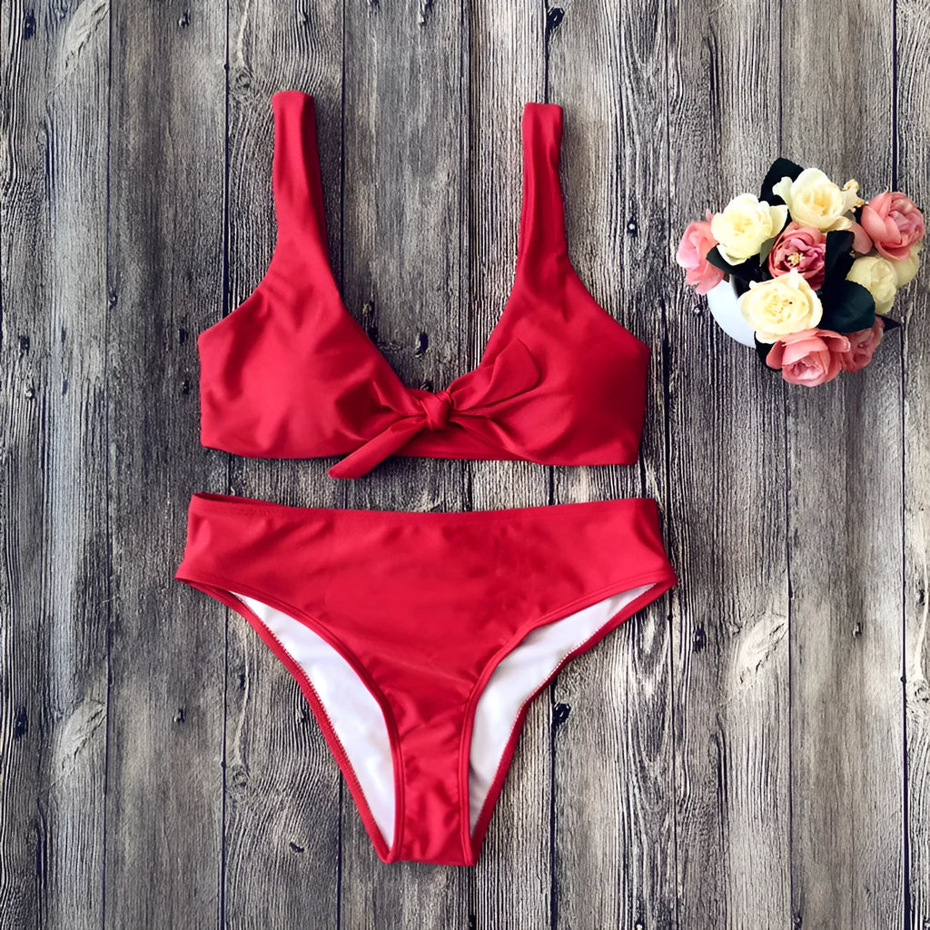 Women's polyester bikini swimwear set in black, pink, red, white, or wine red with bra and briefs