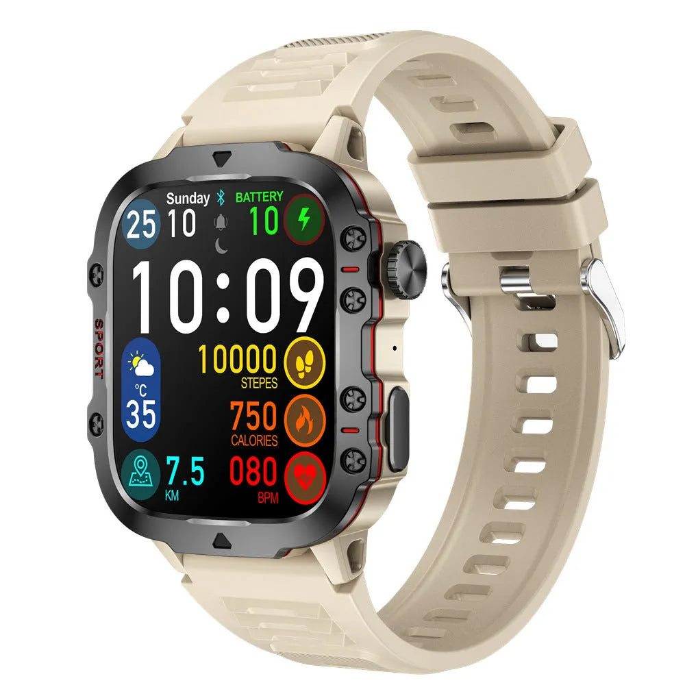 QX11 Smart Bluetooth Watch in black with zinc alloy case and leather strap showing touch screen display