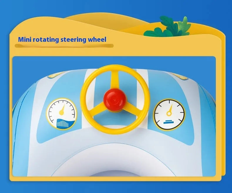 Pink inflatable car swimming ring for kids with a steering wheel, for pool and beach use.