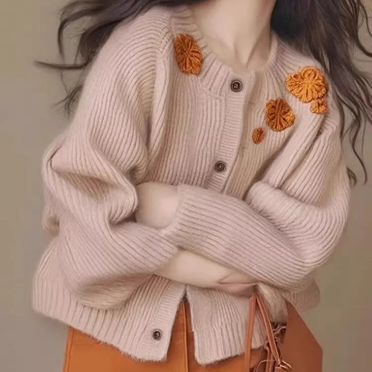 Women's simple embroidered flower age-reducing sweater cardigan in solid colour thick polyester fibre loose fit