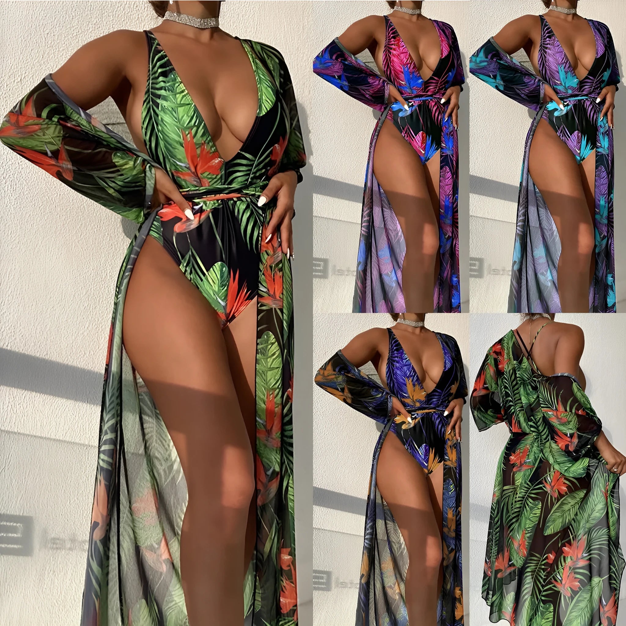Women's patterned three-piece swimsuit set with bikini and cover-up coat on a mannequin.