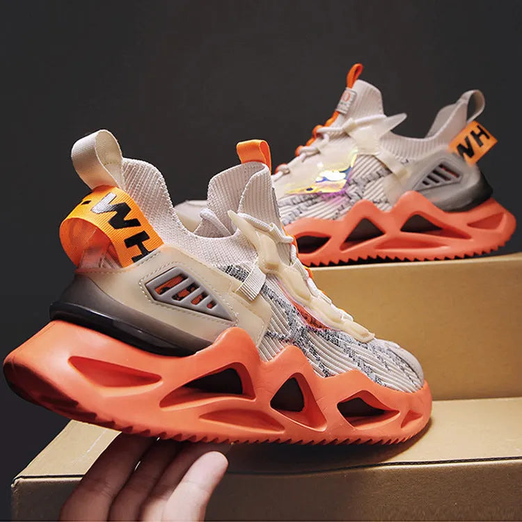 Men's mesh breathable casual sneakers with front tie, low heel, anti-skid plastic sole, colour blocking