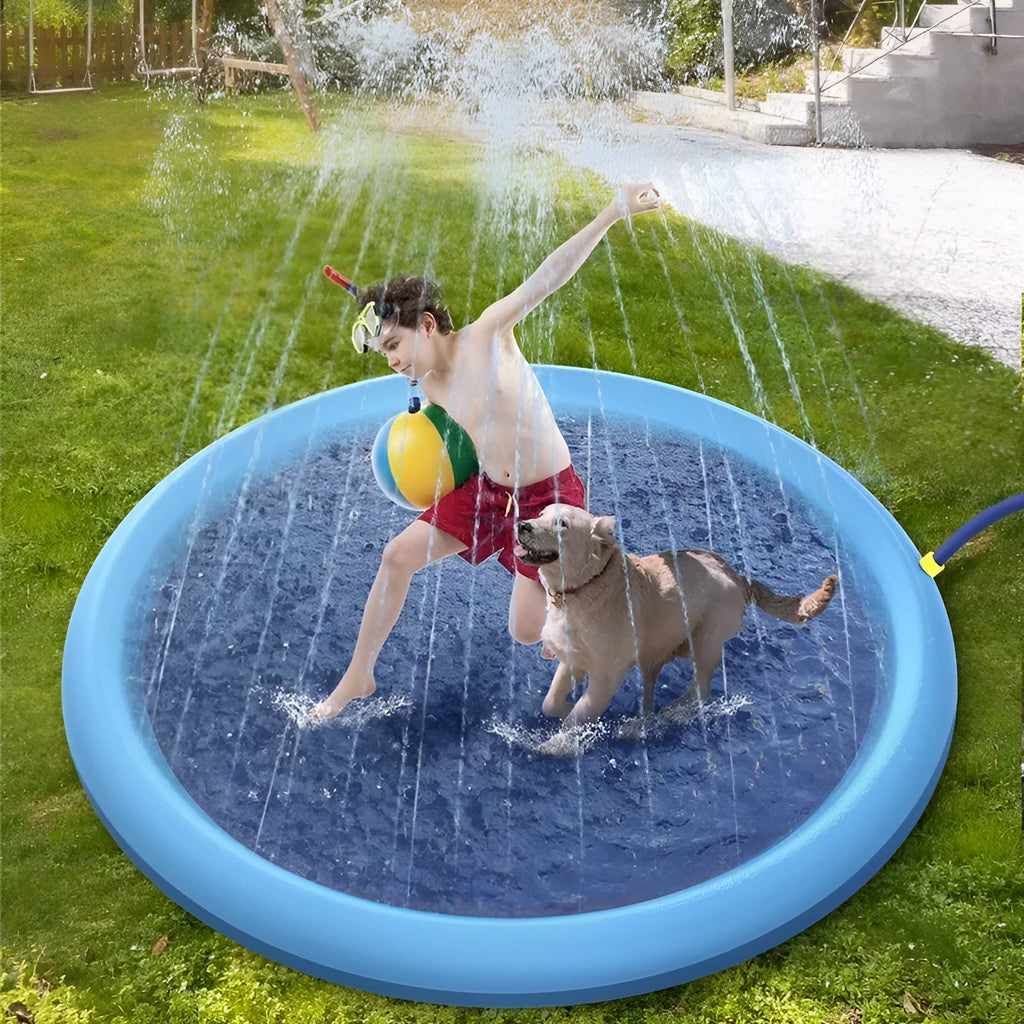 Non-slip PVC splash pad inflated in backyard with blue colour for kids and pet dog summer water play