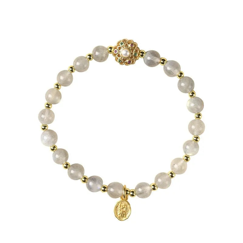 Hand-woven grey moonstone and peach blossom crystal bracelet with 6mm beads