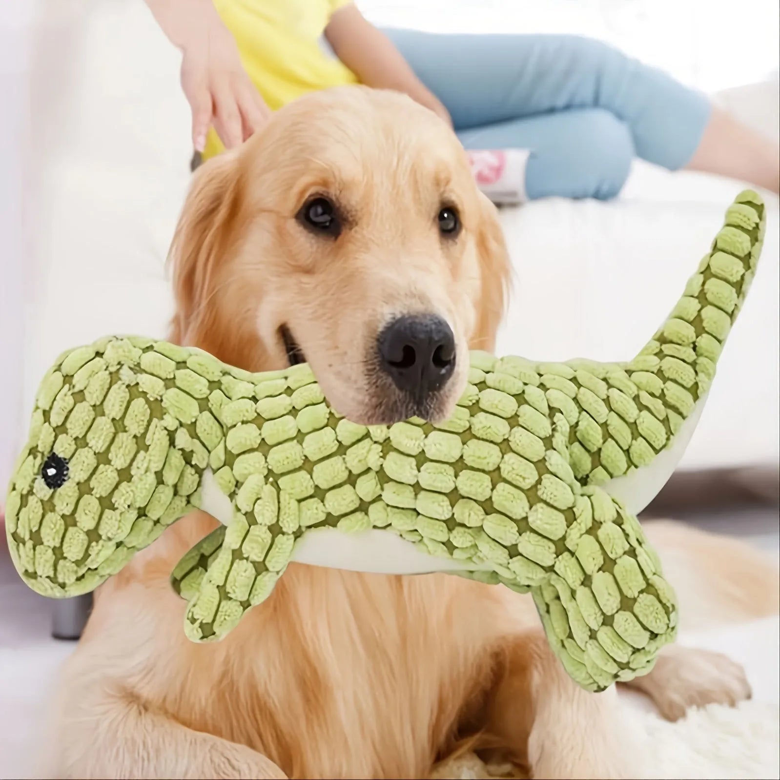 Grey, green, and orange dog chew toy with sound, measuring 35 cm long, for bite-resistant chewing.