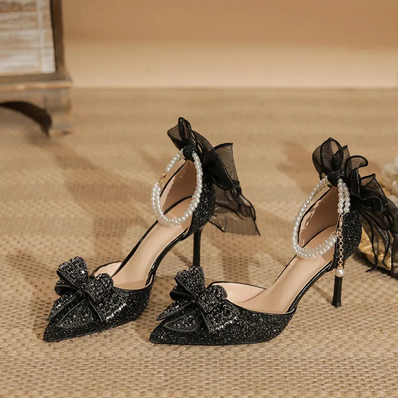 Two-way all-matching women's outdoor sandals black pointed toe stiletto heel 6-8cm rubber sole with microfiber lining