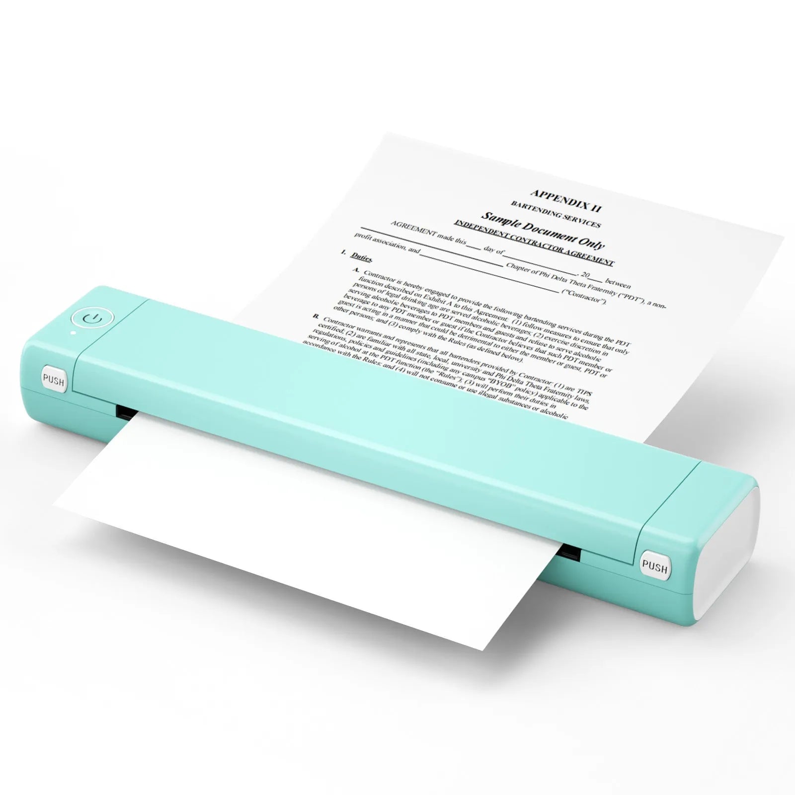 Phomemo M08F white A4 portable thermal printer with USB cable on a wooden desk