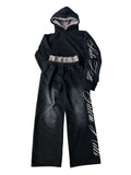 Men's black punk print pullover hoodie and matching trousers fleece-lined suit set laid flat.