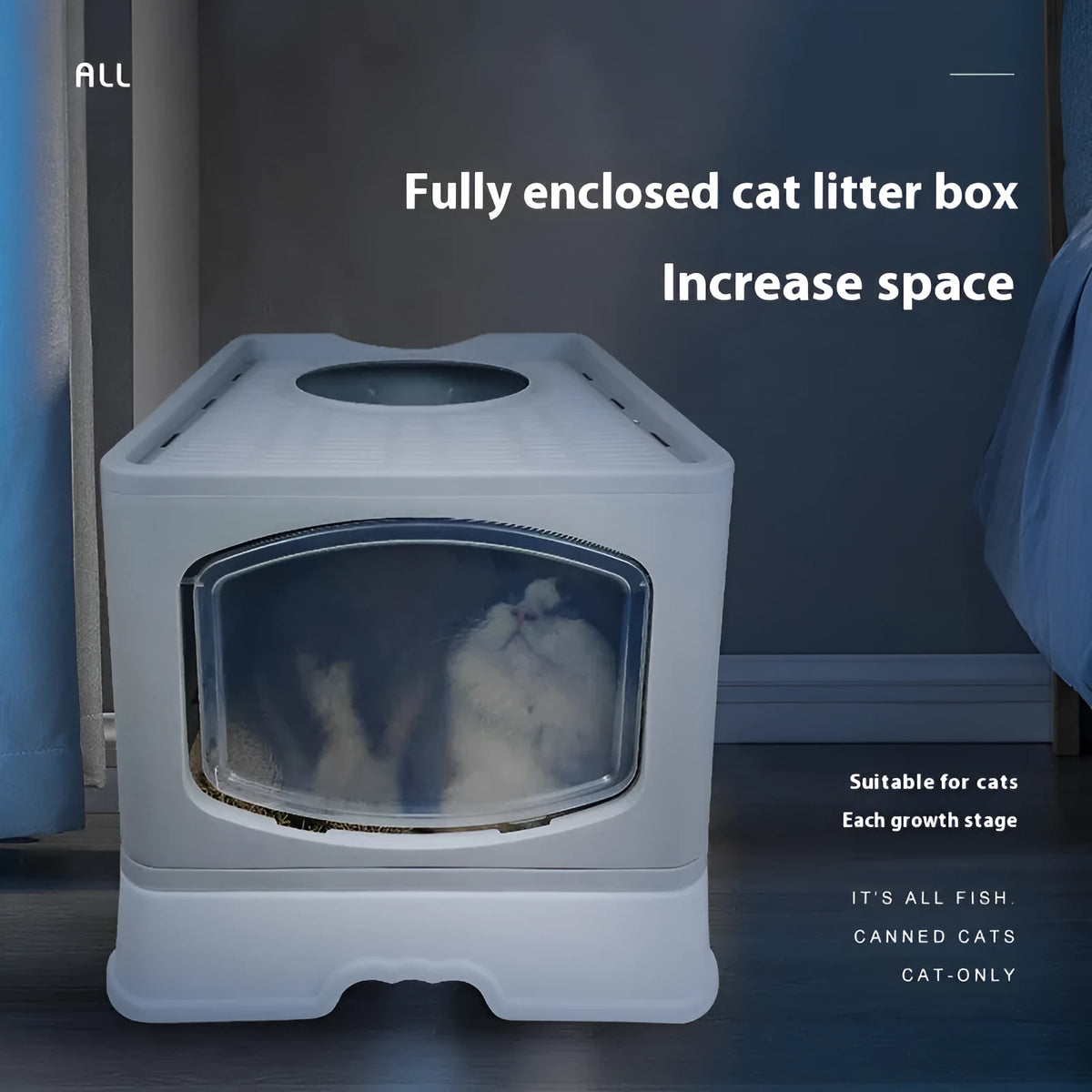 Folding fully enclosed cat litter box in blue, pink, or grey, 51x41x44cm, made from ABS and PP.