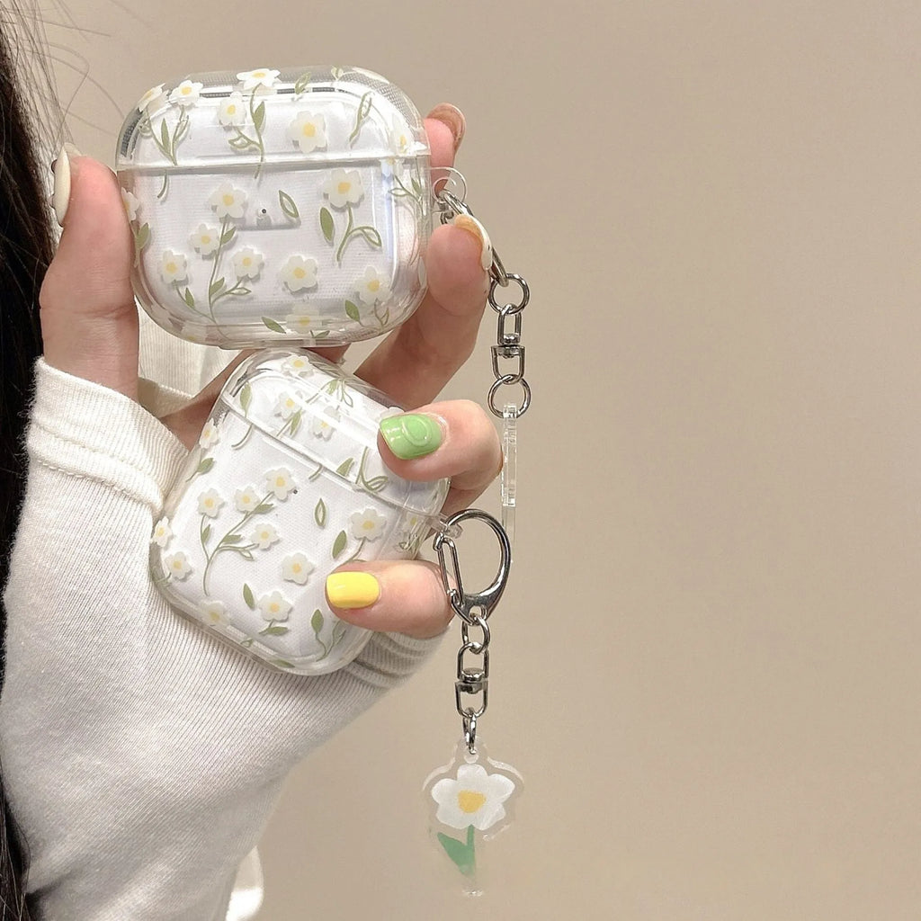 White floral pattern transparent TPU soft cover for Apple AirPods charging case.