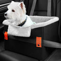 Small dog car seat in grey with safety buckle and fleece lining, measuring 40.6 x 33 x 28 cm
