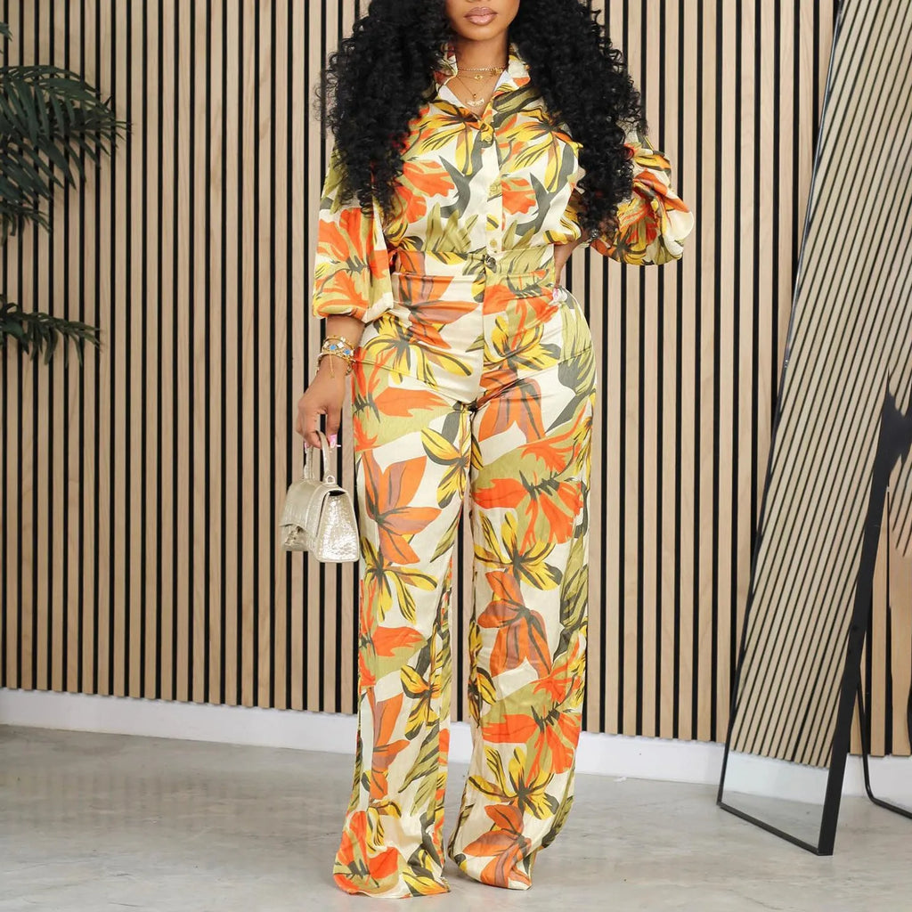 Red printed women's shirt and wide leg trousers matching polyester suit set