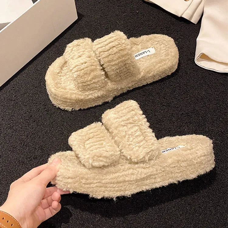 Winter slippers with plush upper, artificial wool lining, rubber sole, round toe, in white black or milk tea colour