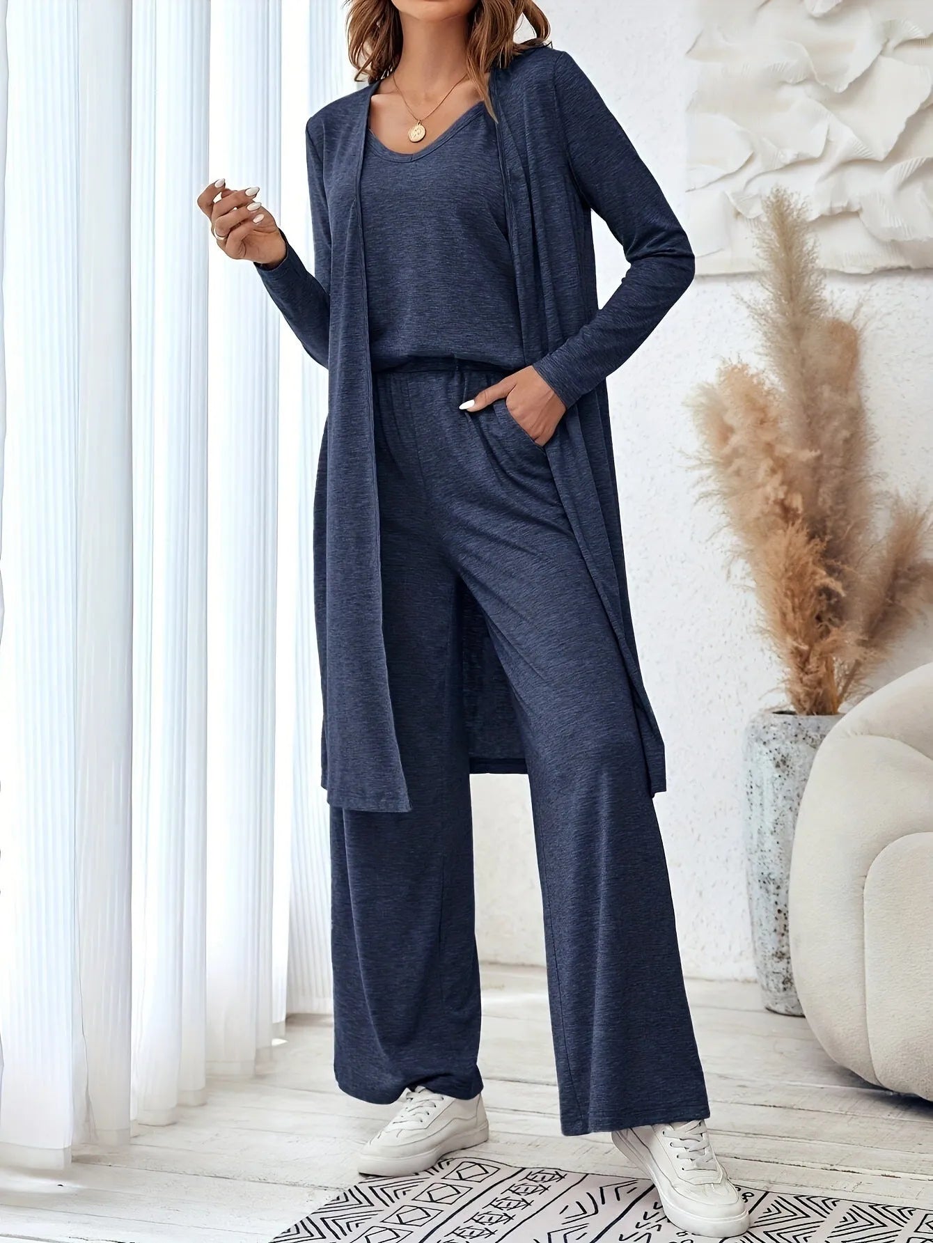 Blue women's casual suit set with cardigan top and trousers in Japanese Korean style