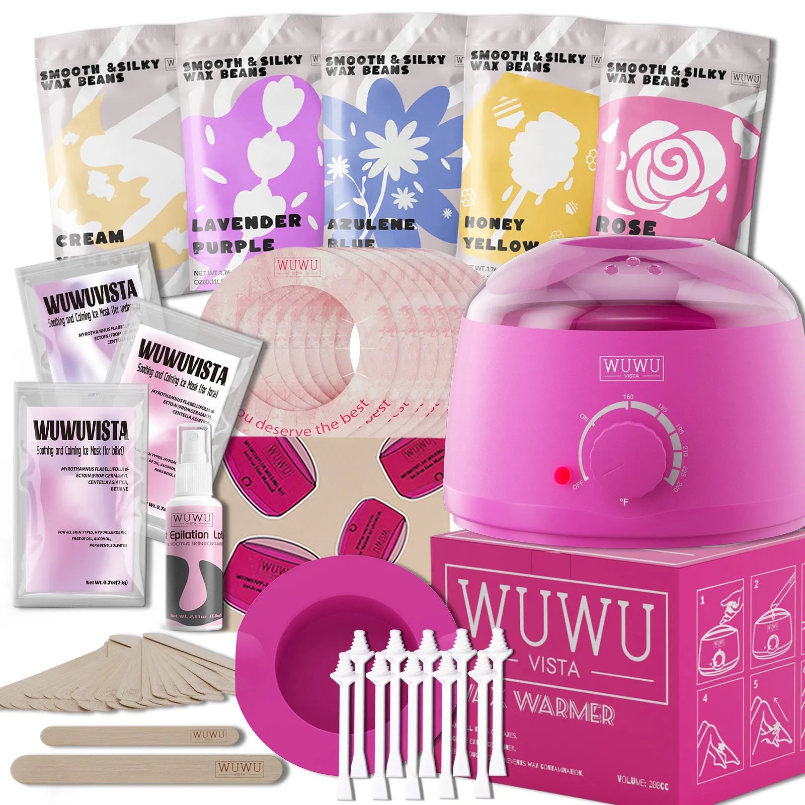 Professional waxing kit with black wax warmer, pots of hard wax beans, applicator sticks, post-care lotion, and ice masks.