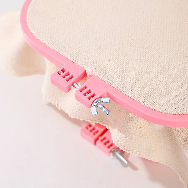 Double-layer ABS desktop embroidery frame with cotton cloth, adjustable stand, in light purple or watermelon red