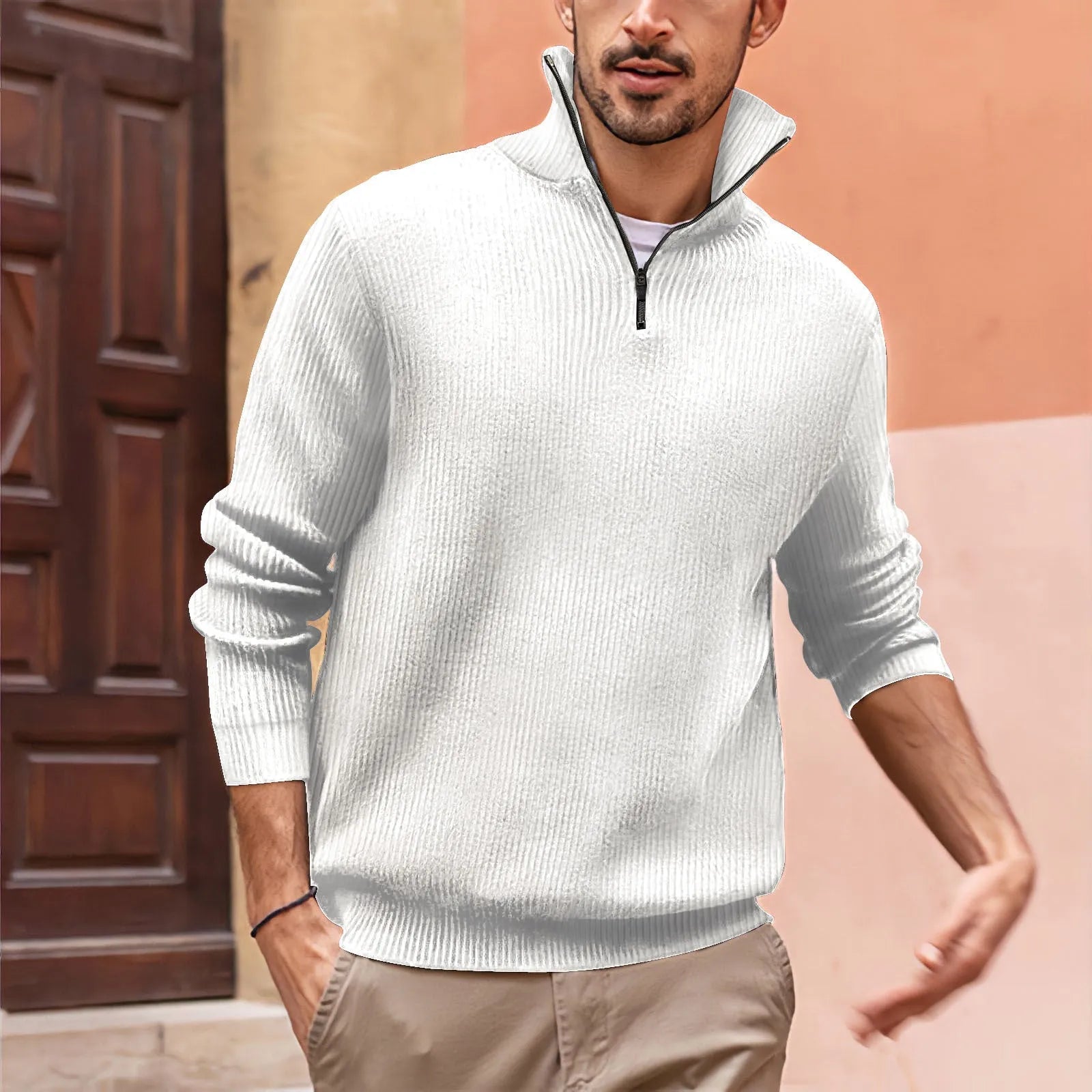 New POLO zip high neck men's long sleeve striped print polo shirt in loose fit, multiple colours