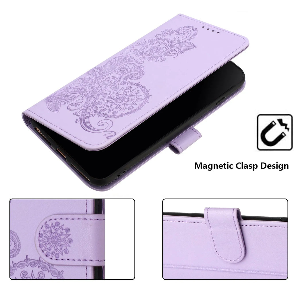 Datura embossed leather phone case with flip card slot for Samsung in brown colour