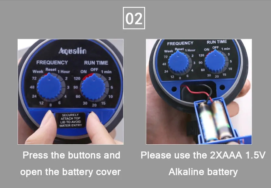 Automatic garden watering timer device showing programmable display and 3/4 inch faucet connection